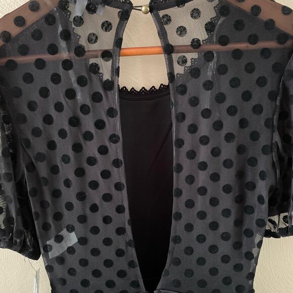Xtraordinary Black Dress Polka Dot Short Puff Sleeve Sheer Skater Dress Size 3 - Picture 8 of 13
